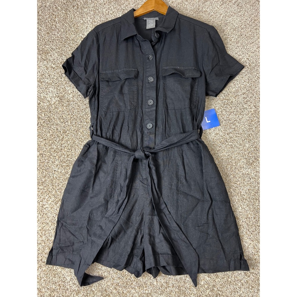 Matty M Black Linen Blend Utility Romper Short Sleeve Button Front Belted Large